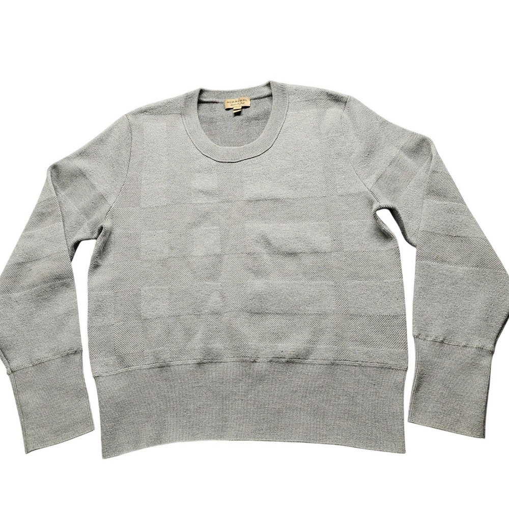 Burberry London England Crewneck Sweater Womens XL Grey Tonal Check Knit Top